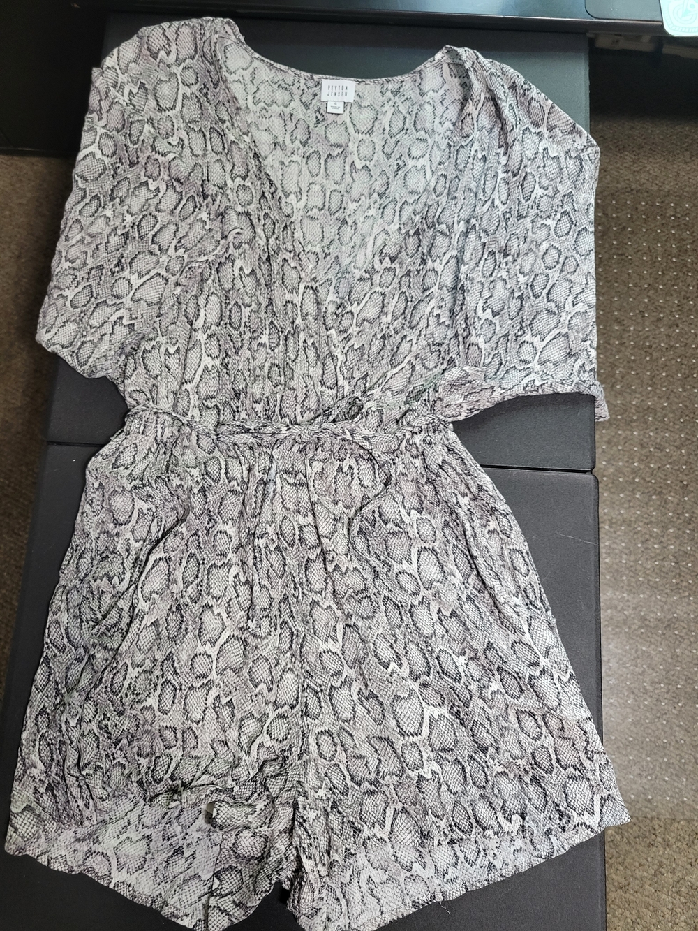 Peyton Jensen Snake Print Wrap Romper Shorts in Gray and Cream